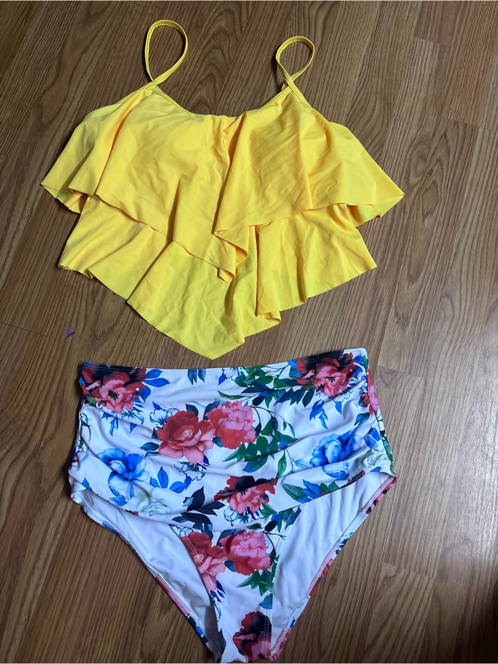 Women’s Yellow Tiered Ruffle Flounce Tankini & Floral High Waisted Bikini Set XL